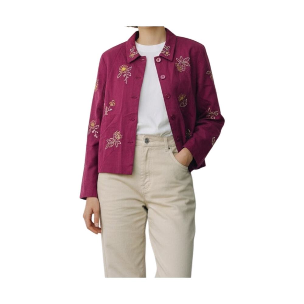 Vintage 90s Embroidered Rayon Blazer Top Burgundy Petite Medium Romance Boho